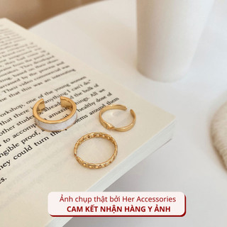 Set nhẫn nữ trơn đơn giản họa tiết sà cừ Her Accessories, phụ kiện trang sức 3 chiếc nhẫn kim loại basic dễ phối đồ N1