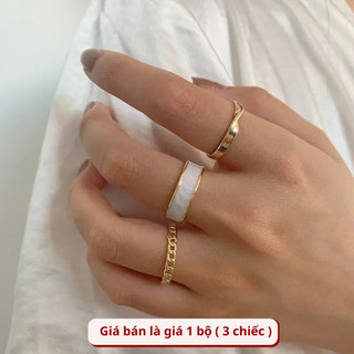 Set nhẫn nữ trơn đơn giản họa tiết sà cừ Her Accessories, phụ kiện trang sức 3 chiếc nhẫn kim loại basic dễ phối đồ N1