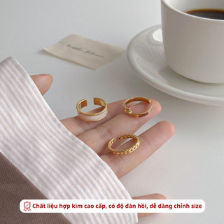 Set nhẫn nữ trơn đơn giản họa tiết sà cừ Her Accessories, phụ kiện trang sức 3 chiếc nhẫn kim loại basic dễ phối đồ N1
