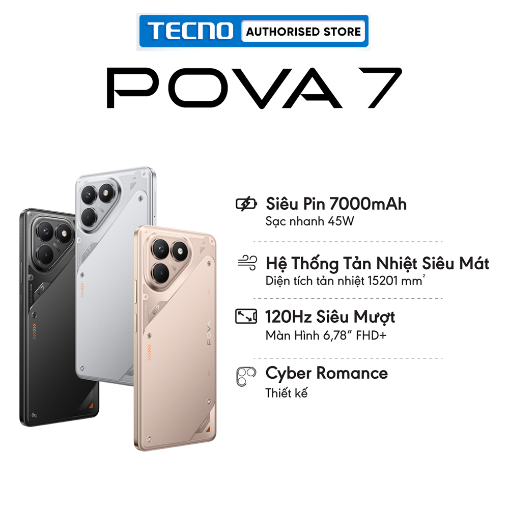 [KOL] Điện thoại TECNO POVA 7 - Siêu Pin 7000mAh | Sạc Nhanh 45W | Màn Hình 6.78" FHD+ 120Hz | Chính