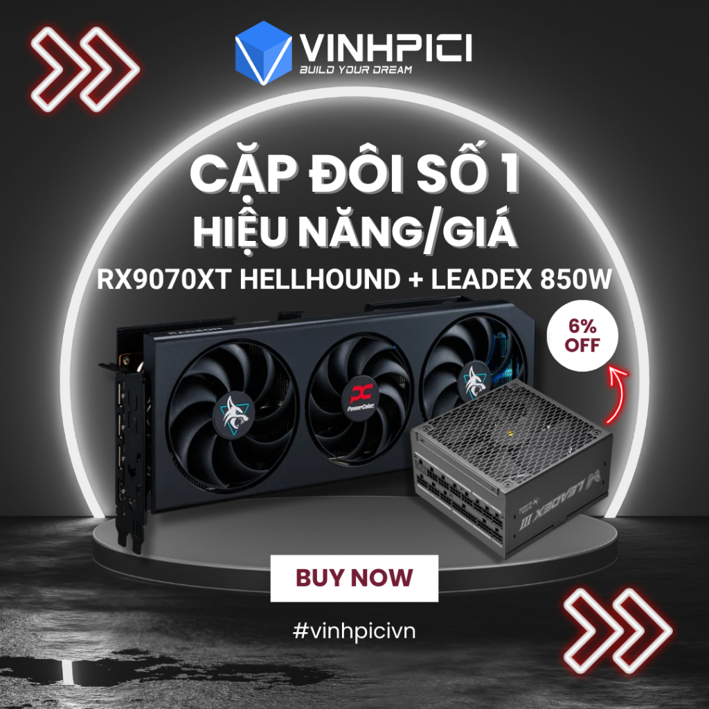 Máy tính COMBO GPU AMD (RX 9070XT HELLHOUND kèm Nguồn SuperFlower Leadex III 850W GOLD)