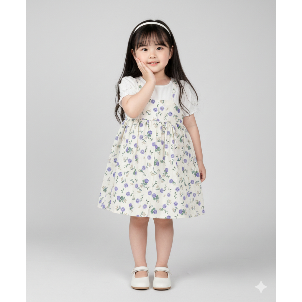 Hqlens Váy Yếm Bé Gái 6-8 Tuổi Chất Thô Hoa Cao Cấp, Đầm Trắng Xanh Mùa Hè Dễ Thương, Đồ Mặc Nhà/Đi 