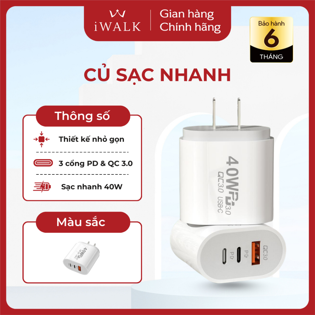 Củ Sạc Nhanh 40W – 3 Cổng PD & QC 3.0, Hỗ Trợ Sạc Nhanh Diện Thoại, Laptop – JNDVINA