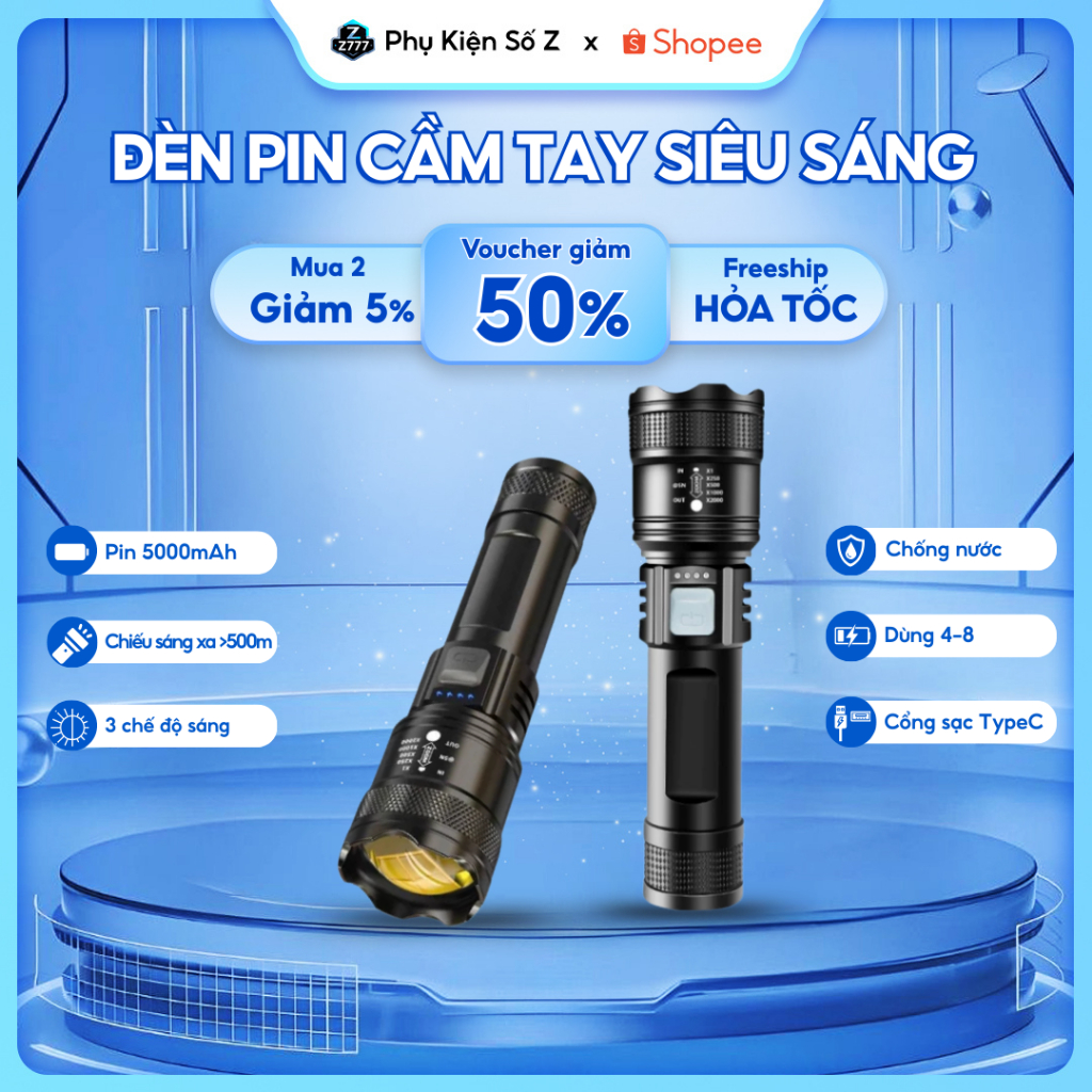 Đèn Pin LED Cầm Tay Siêu Sáng Pin Trâu 3 Chế Độ, Pin Tích Điện Dùng Tới 6h Liên Tục, Chống Nước Tốt