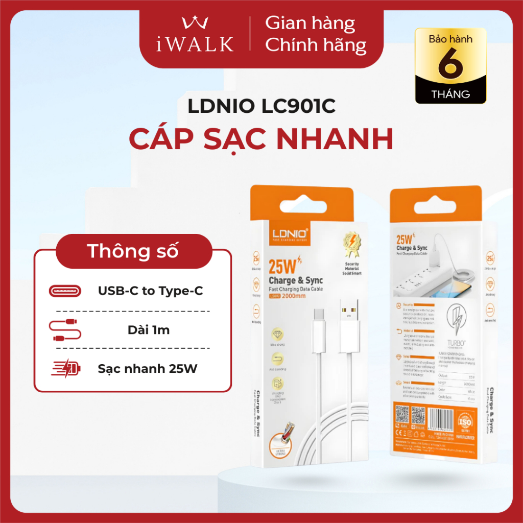 Cáp Sạc Nhanh Type - C LDNIO LC901C, PD 65W, Dài 1M, Dùng Cho I.P – JNDVINA