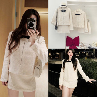    Chuẩn L1   Set Dạ Tweed Kem Be Tay Dài Cổ Sen Đính Nơ Đen Mix Chân Váy Bút Chì Tiểu Thư Mùa Đông 