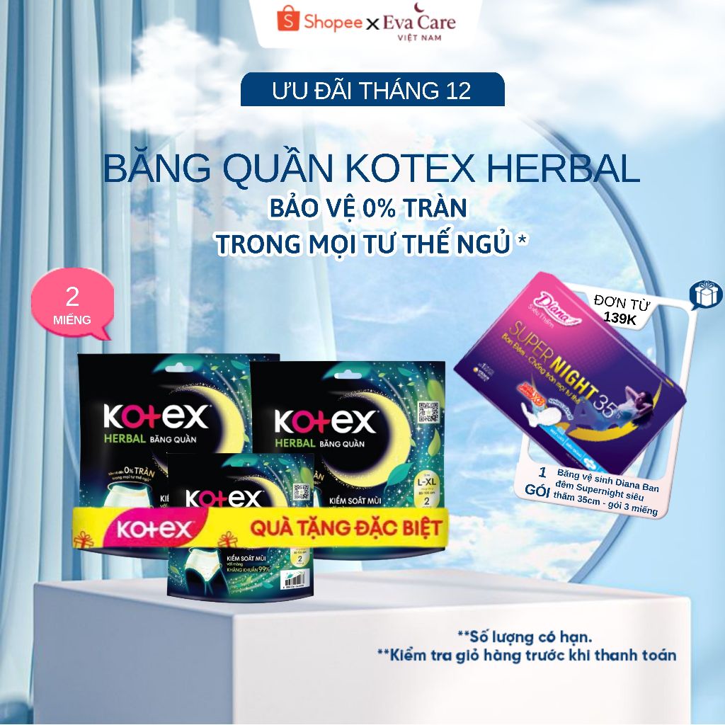 (2 GÓI TẶNG 1 GÓI ) BĂNG VỆ SINH KOTEX HERBAL BĂNG QUẦN L-XL (2 MIẾNG)