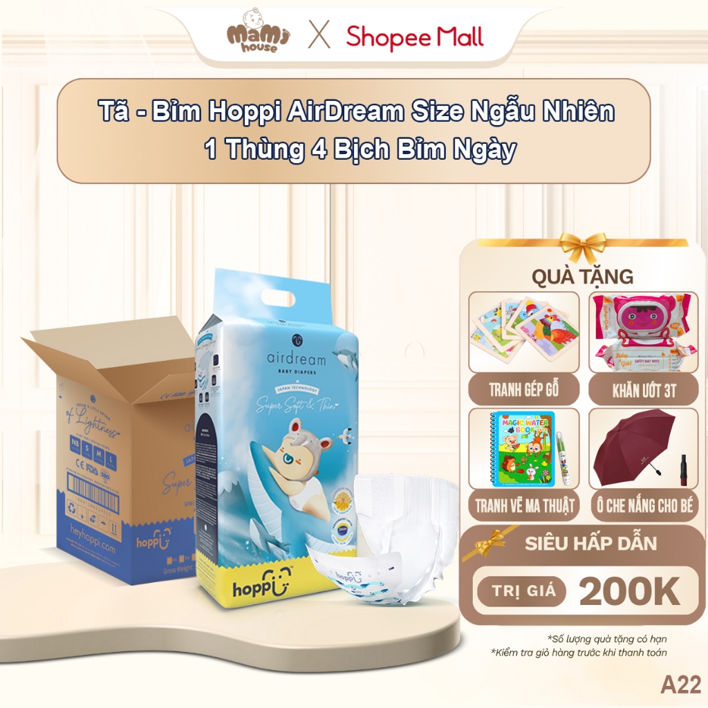 [ DEAL KÈM QUÀ] Thùng 4 Bịch Tã - Bỉm Hoppi Airdream siêu mềm mỏng đủ size cho bé từ NB đến XXL -A22
