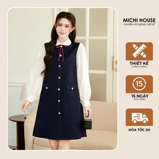  Đầm Suông A MICHI HOUSE Váy Xuông Công Sở Dài Tay Thu Đông Đính Nơ Dáng Dài Đến Gối Có Bigsize V824 