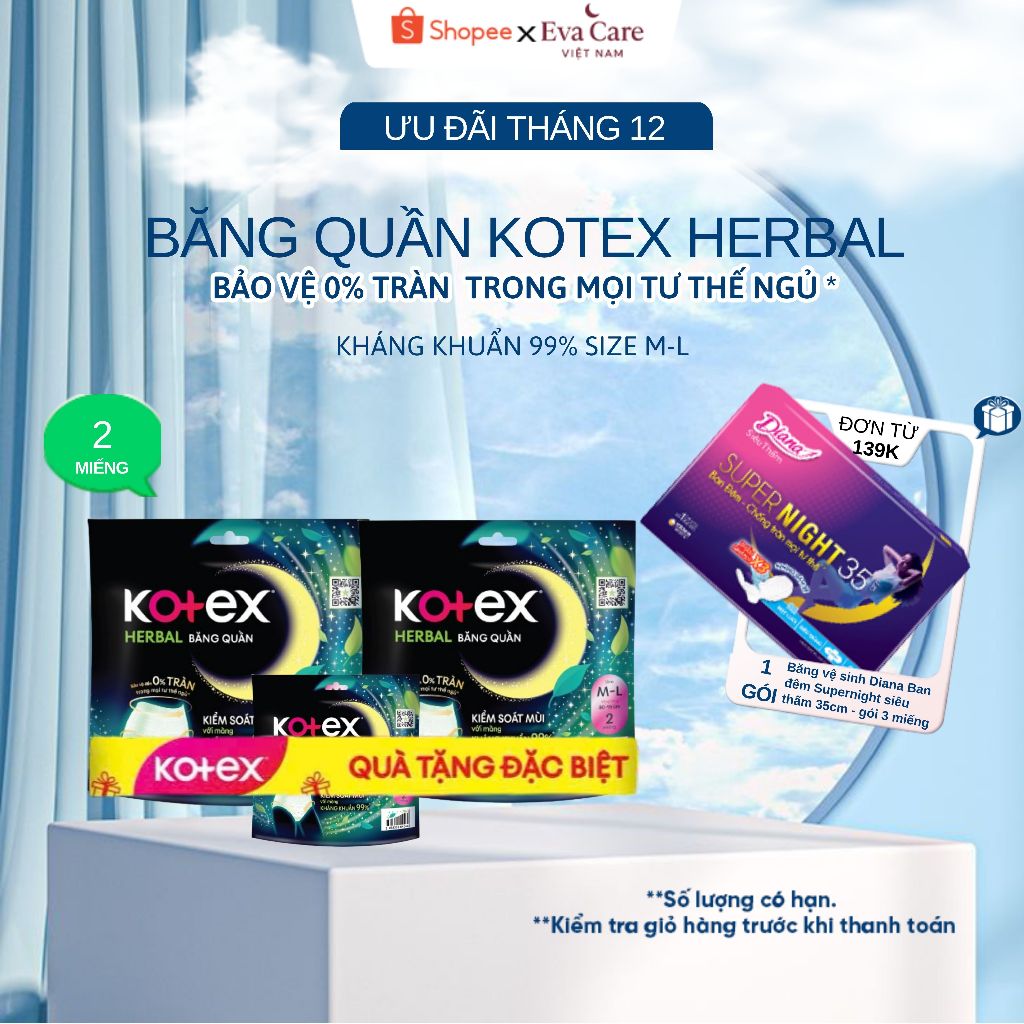 ( 2 GÓI TẶNG 1 GÓI) KOTEX HERBAL BĂNG QUẦN M-L (2 MIẾNG/GÓI)