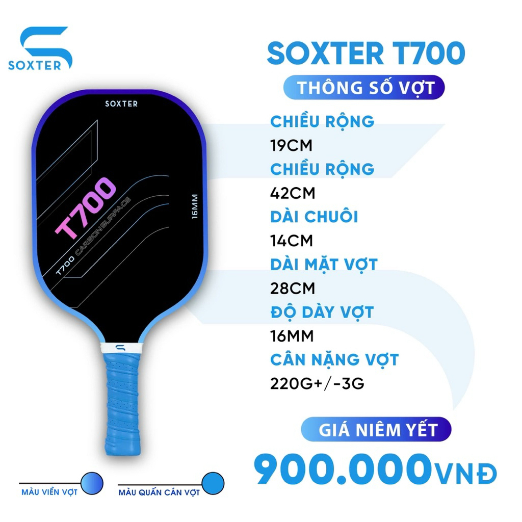 Vợt Pickleball Carbon T700 16mm Soxter Chính Hãng Lõi Tổ Ong Honeycomb Polymer