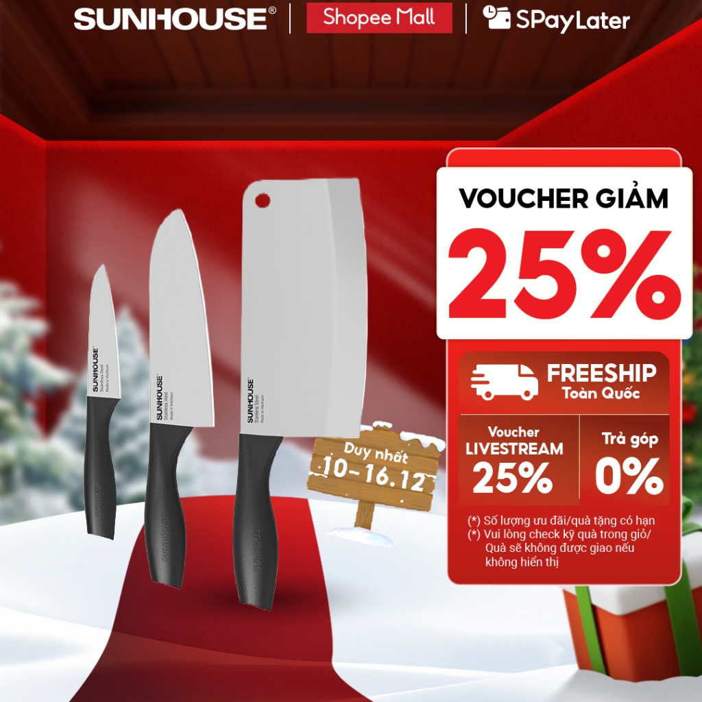 Bộ dao 3 chiếc Eco Family Sunhouse KS-KN3E1 - Lưỡi dao làm từ thép SUS420J2 không gỉ - Gồm 3 dao: chặt, gọt và làm bếp