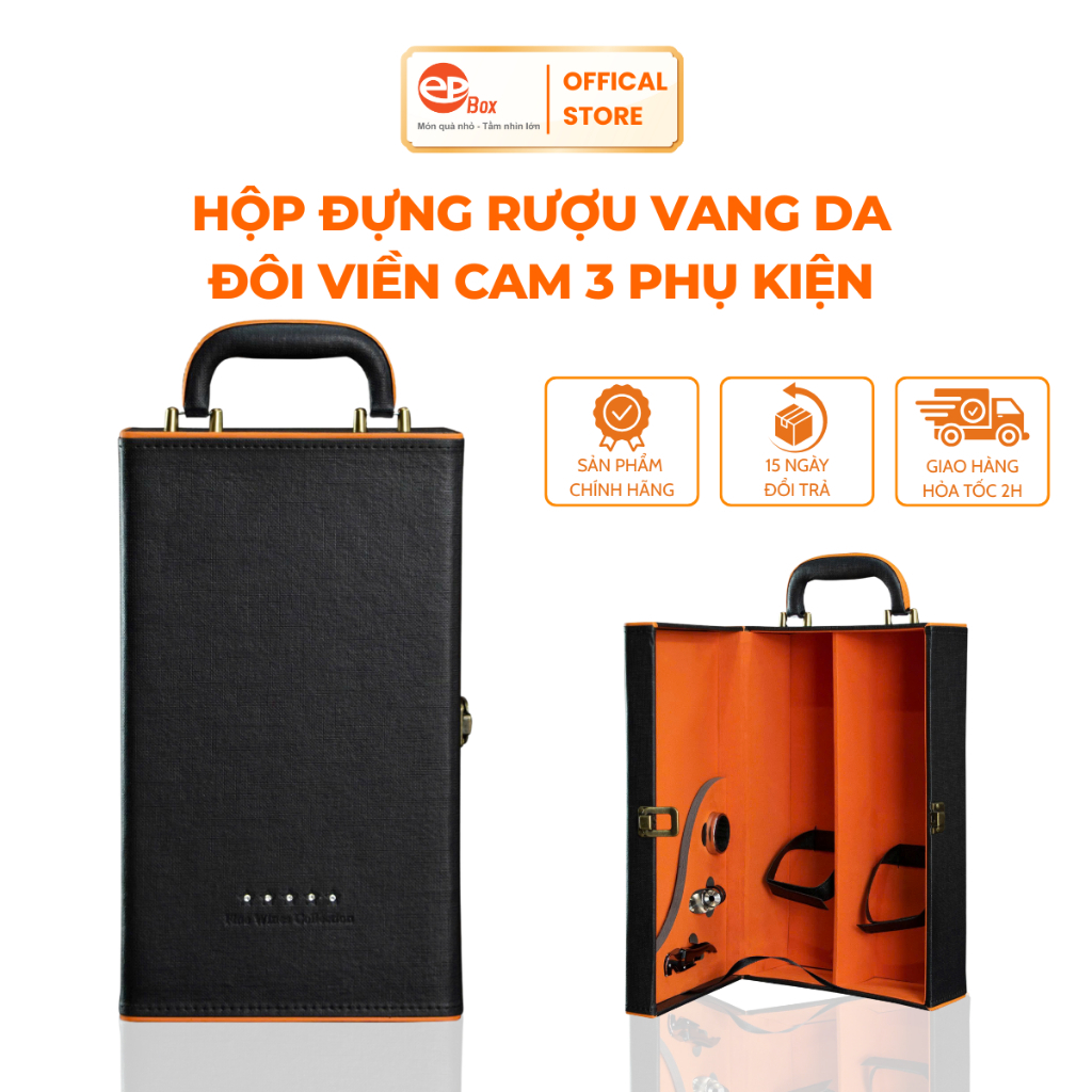 Hộp Đựng Rượu Vang Da Đôi Epvina Viền Cam Màu Đen 3 Phụ Kiện Đựng 2 Chai