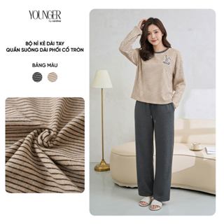  Đồ bộ nỉ nữ YOUNGER BY CARDINA áo nỉ kẻ ngang dài tay cổ tròn và quần nỉ suông 5YBTD08 