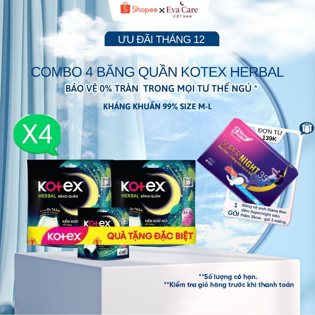 COMBO 4 ( 2 GÓI TẶNG 1 GÓI) KOTEX HERBAL BĂNG QUẦN M-L (2 MIẾNG/GÓI)