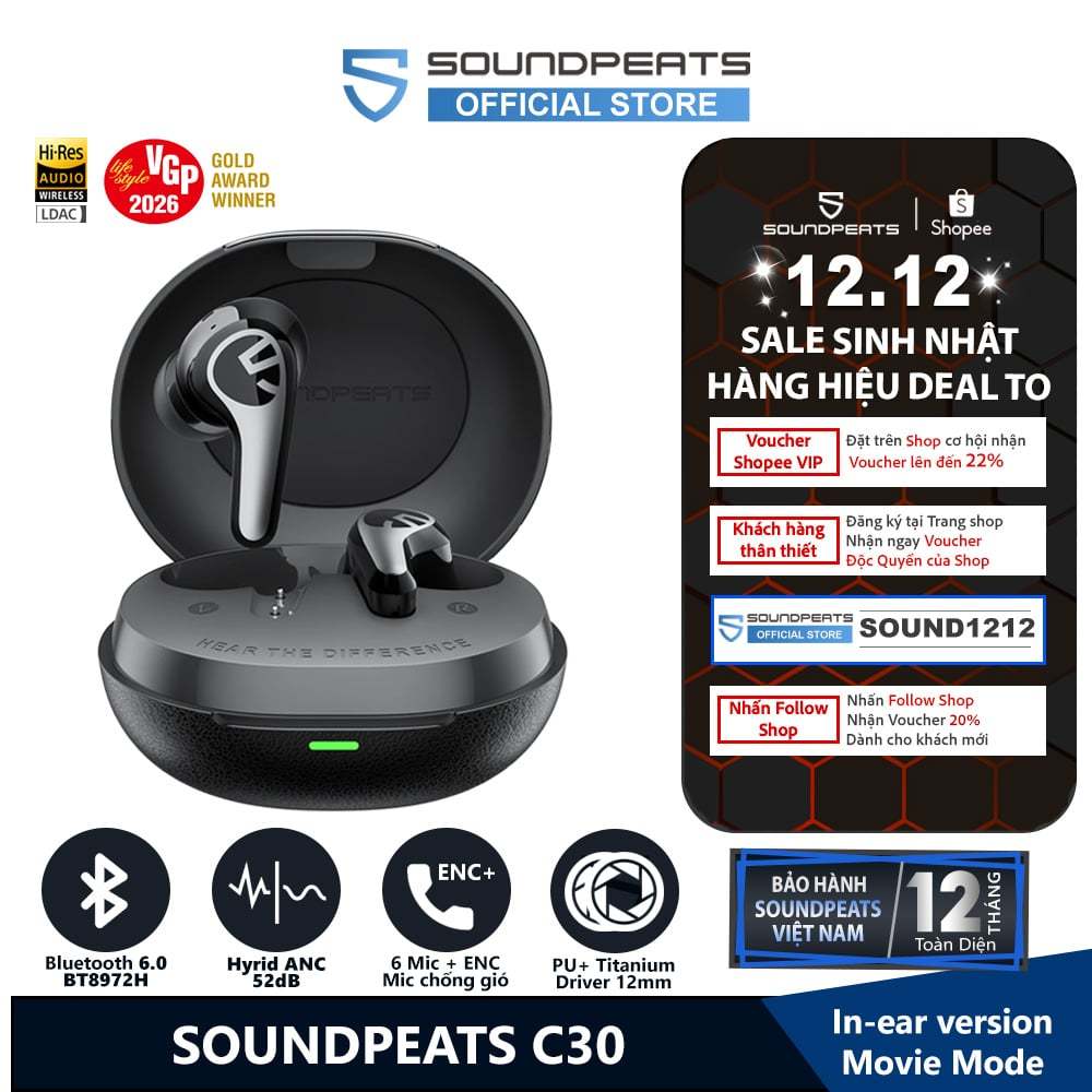 Tai Nghe True Wireless SoundPEATS C30 Hyrid ANC 52dB | Driver PU Titanium | 6 Mic ENC+ | Hires LDAC | Bluetooth 6.0 | BigBuy360 - bigbuy360.vn