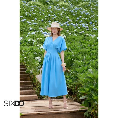 Đầm xanh tuytsi cổ V SIXDO (Blue Tuytsi Flared Dress)