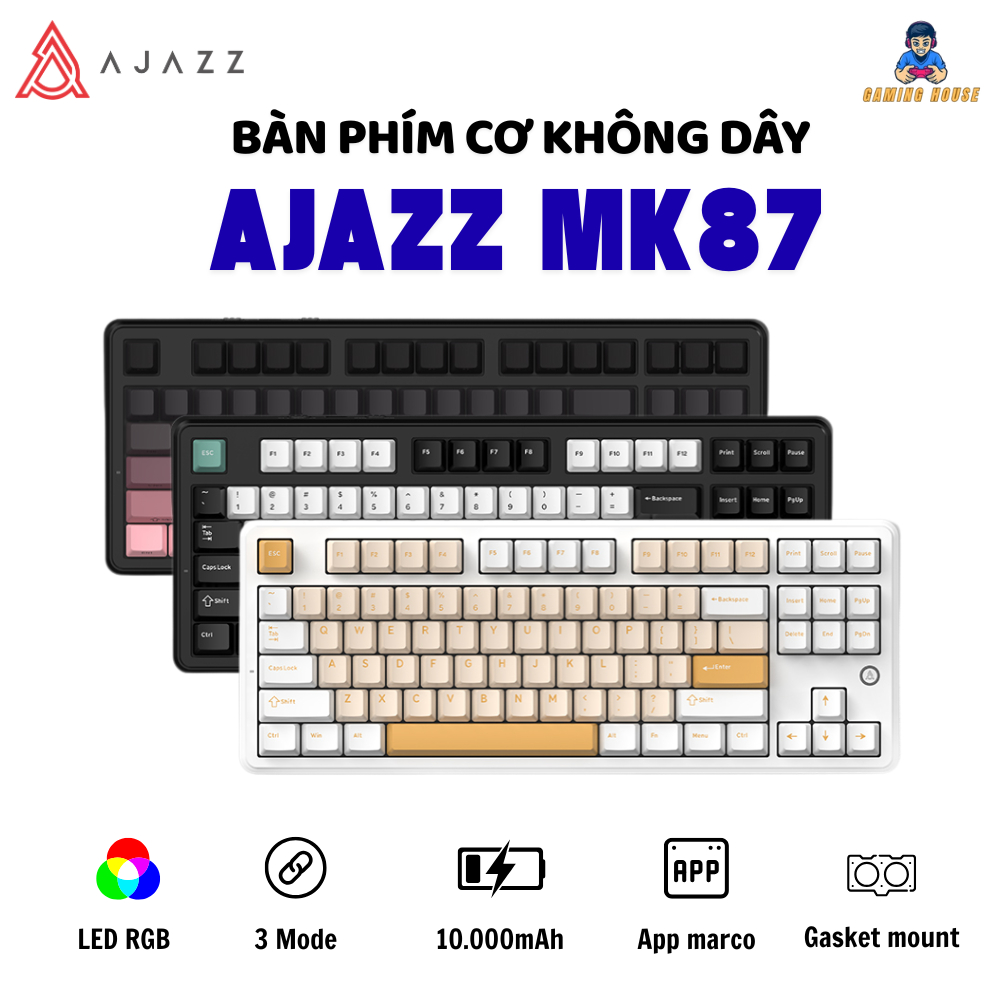Bàn phím cơ không dây Ajazz MK87 - Mạch xuôi - LED RGB - Gasketmount - Núm xoay - Pin 10000mah