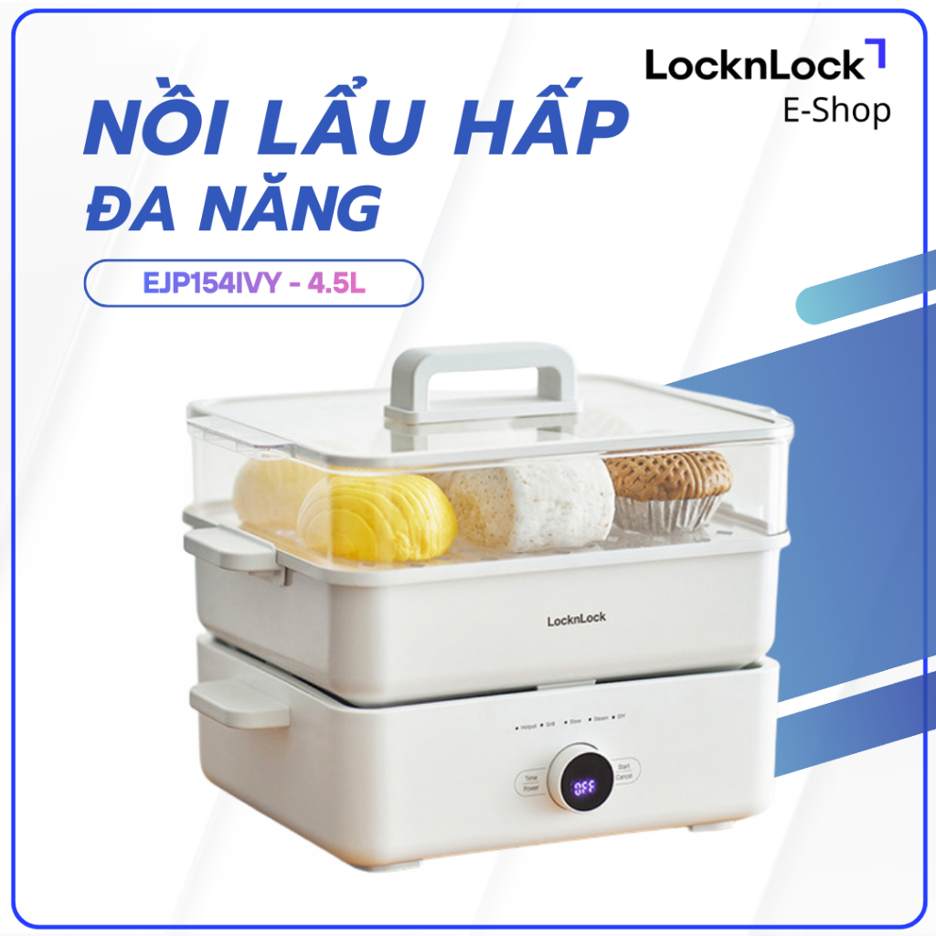 Nồi Lẩu Nướng Điện Đa Năng LocknLock EJP154IVY – 4.5L, Khay Hấp 2 Tầng, Màu Ivory Cao Cấp