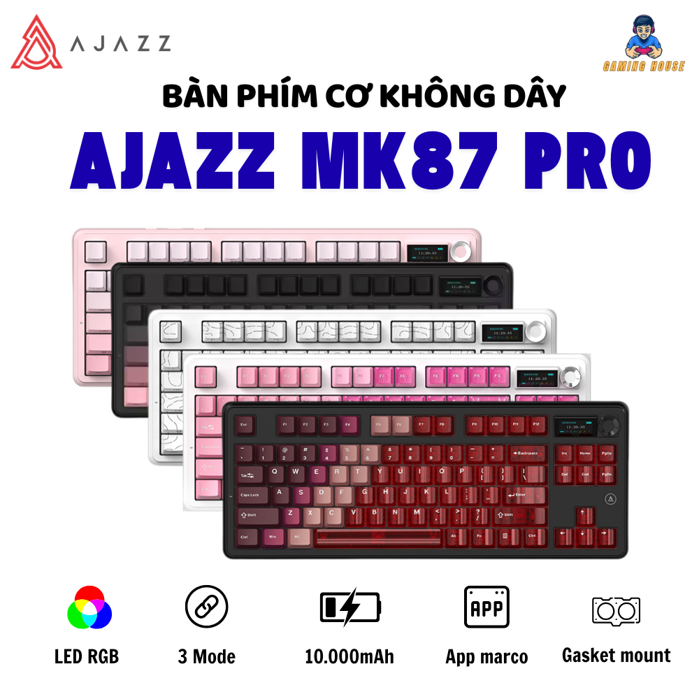 Bàn phím cơ không dây Ajazz MK87 Pro - Mạch xuôi - Màn hình TFT - LED RGB - Gasketmount - Núm xoay -