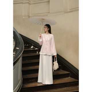   Bán Lẻ  Set Áo Nữ Bà Ba Vân Kiều Tay Dài Gấm Cổ Tròn Đính Nút Và Quần Lụa Ống Rộng GOÛT DE JUN 