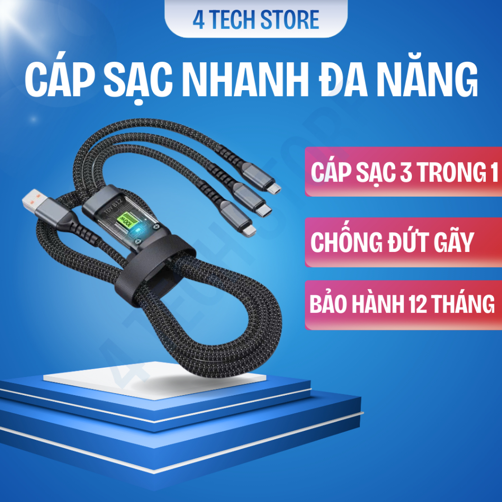 Dây Cáp Sạc 3 Đầu Bọc Dù Chống Đứt Cho Điện Thoại 4Tech Store Thiết Kế Sạc Nhanh 2.1A Phụ Kiện USB