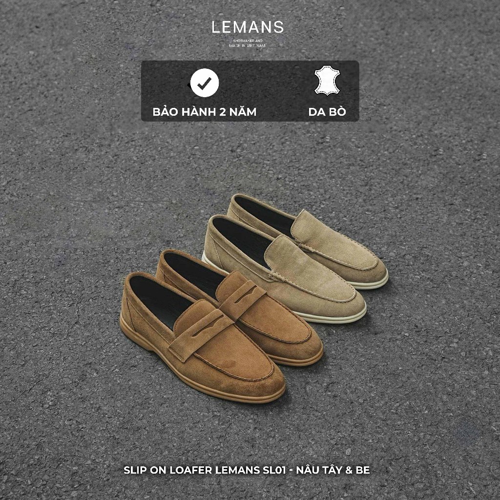 Giày lười nam Lemans da lộn màu Nâu và Be SL01.3 - đế thơm và êm chân - công sở lười trẻ trung - Bảo hành 24 tháng