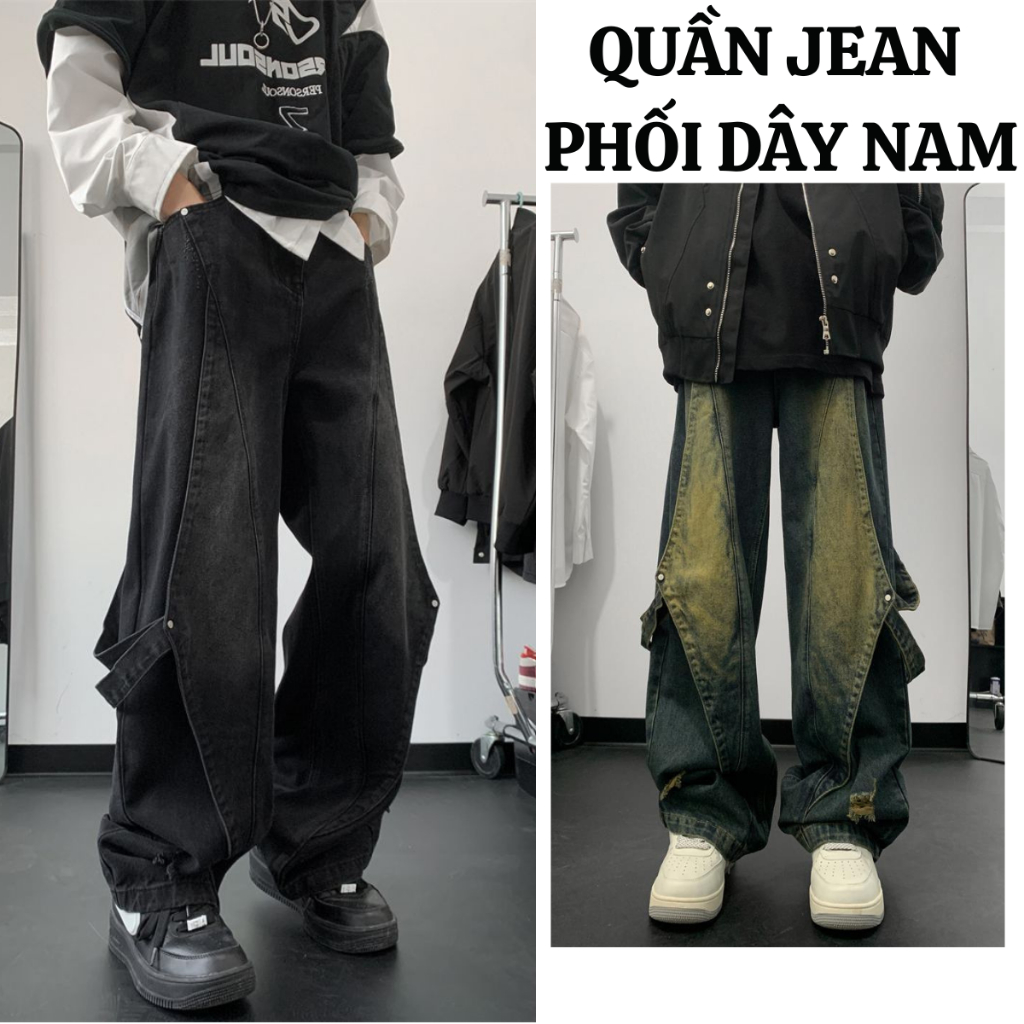 Quần jean túi hộp Phối dây nam FABUMAN ống Suông Rộng unisex nhiều túi hiphop style boy phố