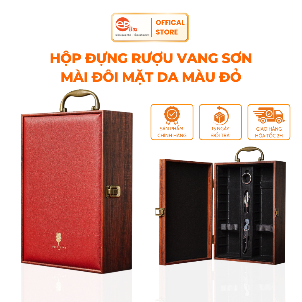 Hộp Đựng Rượu Vang Sơn Mài Đôi Epvina Mặt Da Màu Đỏ