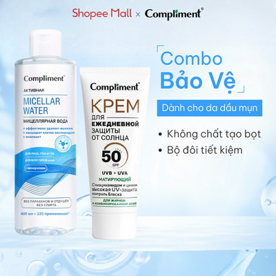 Combo Compliment Tẩy Trang 400ml + Kem Chống Nắng 50ml SPF50+ Sạch Sâu, Kiềm Dầu, Cấp Ẩm, Bảo Vệ Da