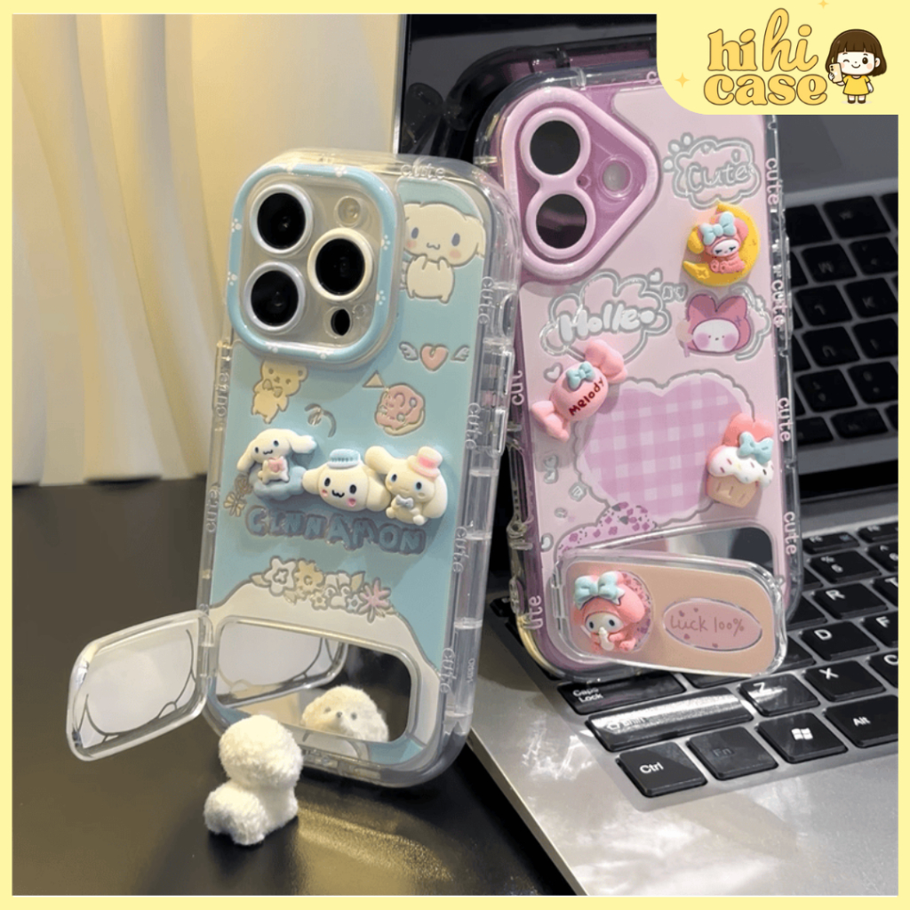 Ốp lưng điện thoại My Melody dễ thương chân đế gương dành cho IP 16 Pro Max, iPhone 13,...