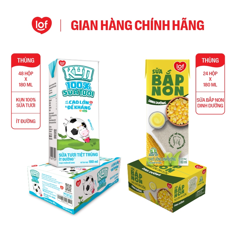[Livestream KOL] Combo 1 thùng Sữa tươi Kun 180ml ít đường & 1 thùng Sữa Lof Bắp non 180ml