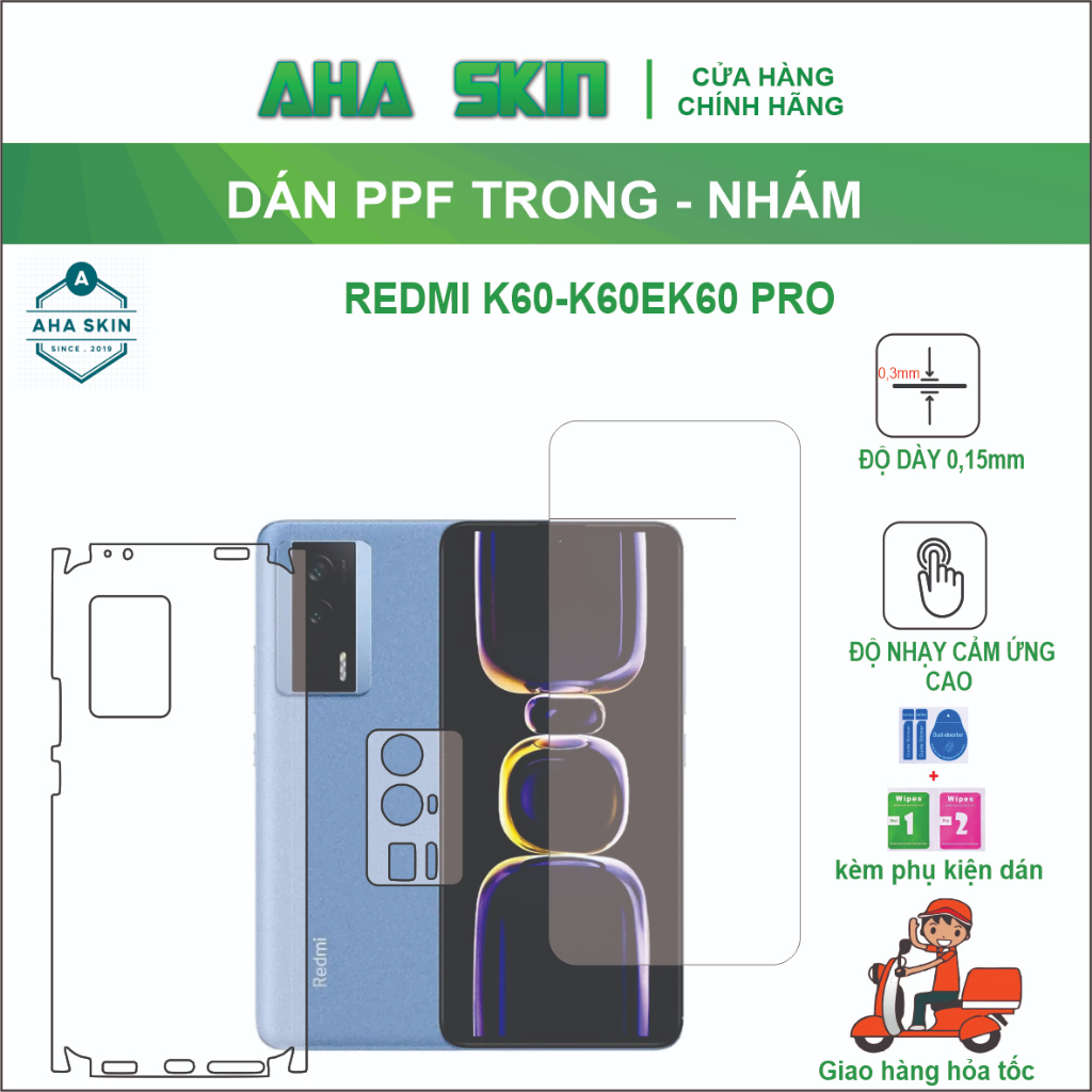 Miếng dán PPF Redmi K60/K60 E/K60 Pro full viền nhám,trong Chống trầy xước