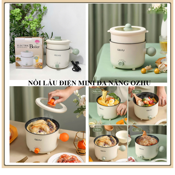 Nồi Lẩu Điện Mini Đa Năng, Ca Nấu Mì Ozhu / Yueslila 2 Nấc Nhiệt Dung Tích 1.8L Công Suất 600W Tặng Kèm Giá Hấp