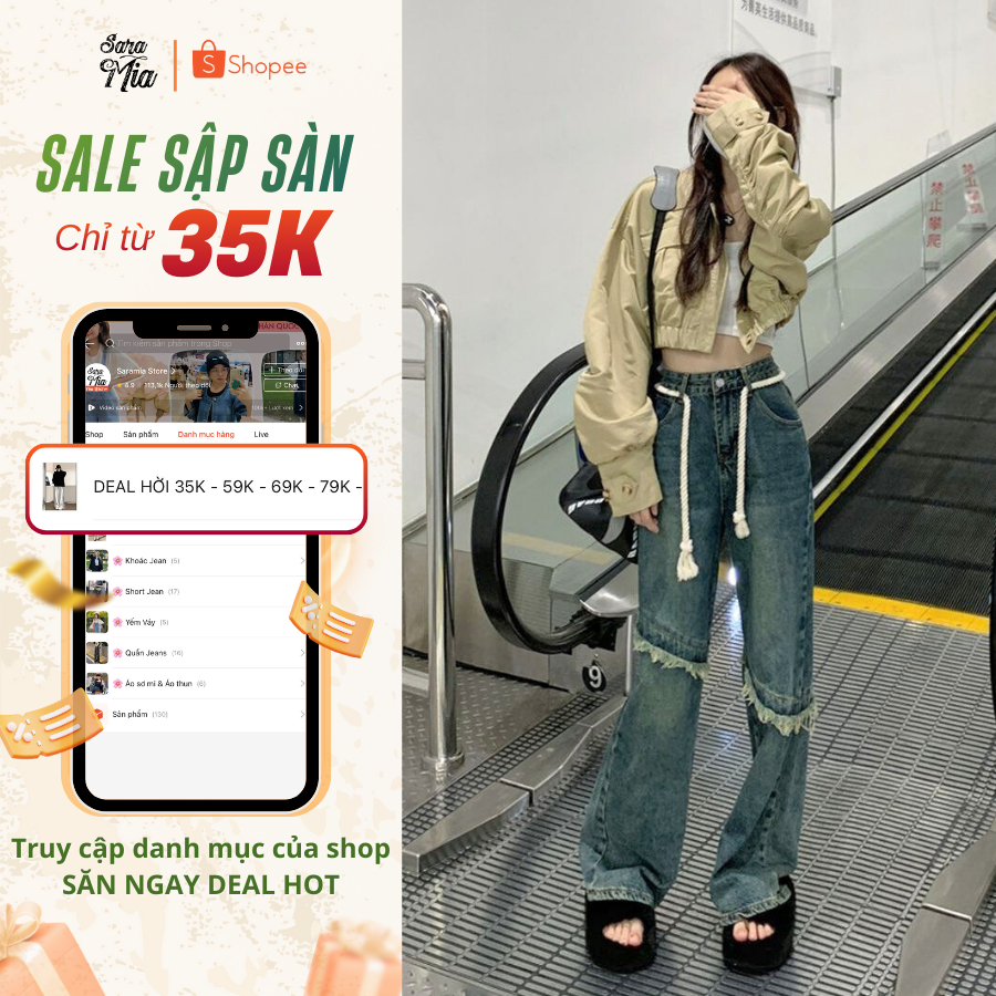 Quần jean ống rộng SARAMIA nữ quần bò nữ cạp cao ống suông phối ống dài chạm gót D8