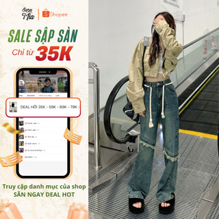 Quần jean ống rộng SARAMIA nữ quần bò nữ cạp cao ống suông phối ống dài chạm gót D8