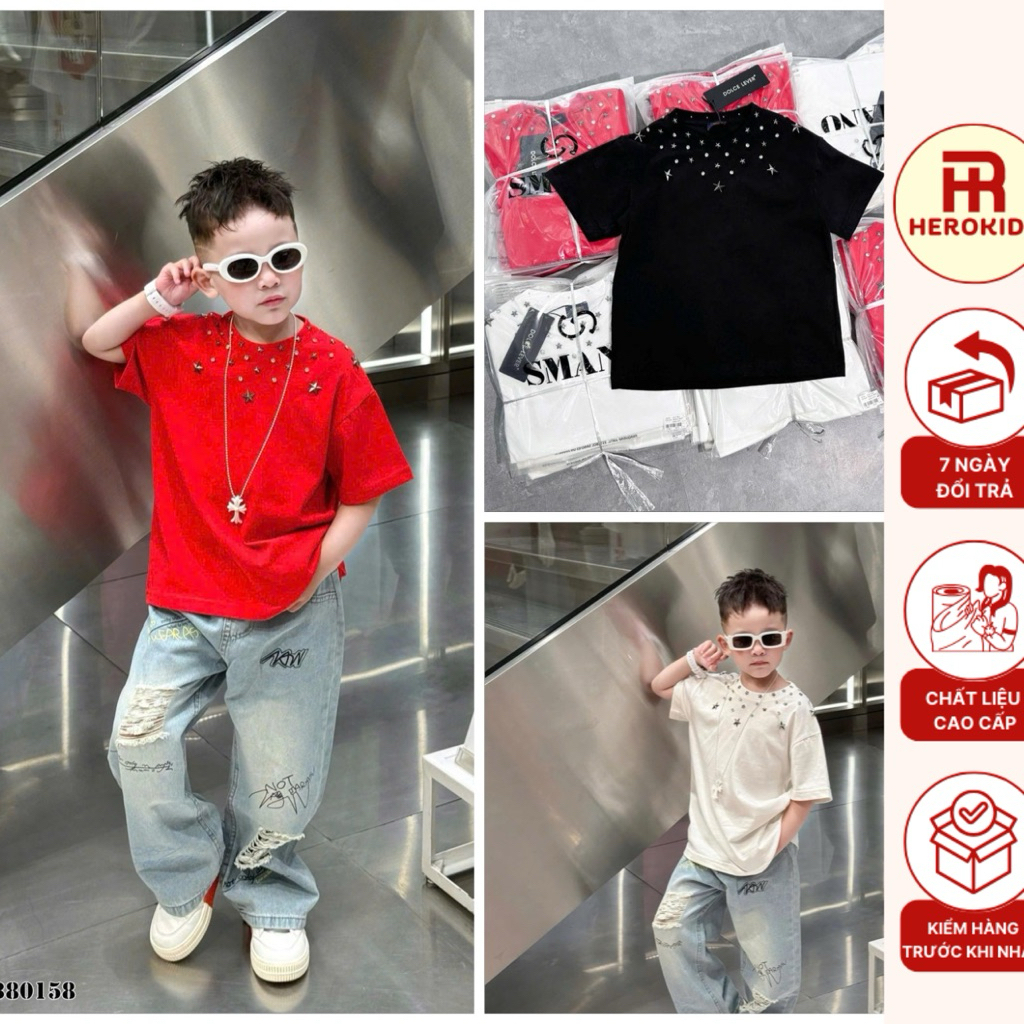 Áo phông bé trai Premium Cotton Dolce lever tag đá ngôi sao vòng quanh cổ vintage phong cách boy phố