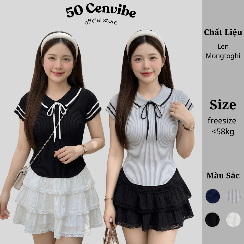 Áo Len Dệt Kim Cổ Yếm Tay Xếp 2 Lớp Phối Viền Buộc Nơ Dáng Croptop Phong Cách Ulzzang (50 Cenvibe Cl