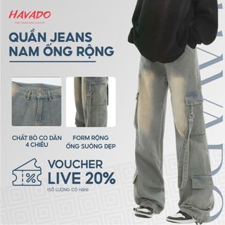  Quần jean nam túi hộp cargo pants HAVADOSHOP dáng rộng ống suông màu xanh rêu chất bò co dãn 4 chiều C1 mới 