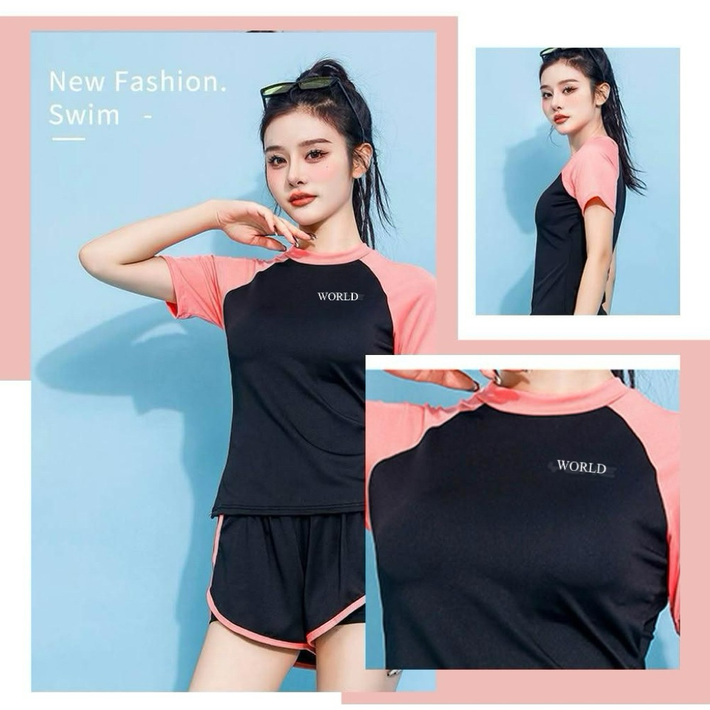 Bộ Đồ Bơi Nữ Bikini World 2 Mảnh Kín Đáo Áo Tay Ngắn Quần Đùi 2 Lớp Thể Thao