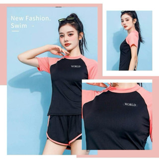 Bộ Đồ Bơi Nữ Bikini World 2 Mảnh Kín Đáo Áo Tay Ngắn Quần Đùi 2 Lớp Thể Thao