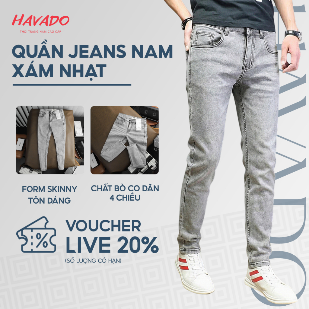  Quần jean nam HAVADOSHOP dáng skinny ống bó màu xám nhạt chất bò cao cấp co dãn 4 chiều mặc thoải mái lên form đẹp C74 
