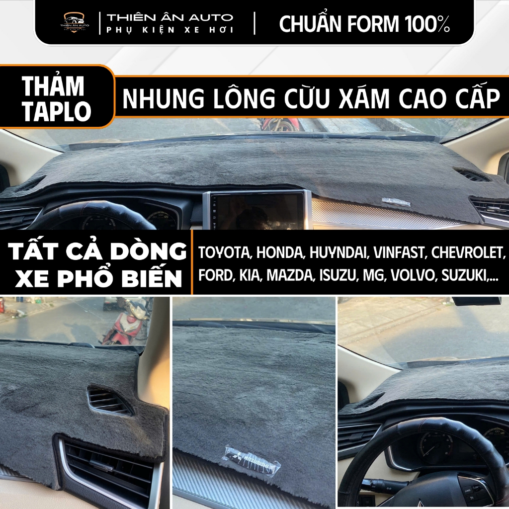 Thảm Taplo Nhung Lông Cừu Xám Mềm Mịn, Chống Nóng, Chống Chói Mắt, Đầy Đủ Dòng Xe TOYOTA, FORD, HYUNDAI, MITSUBISHI,..