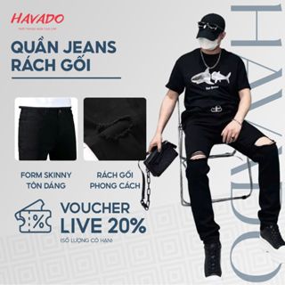  Quần jean nam HAVDOSHOP dáng skinny ống bó màu đen rách gối to chất bò cao cấp co dãn 4 chiều C21 mới 