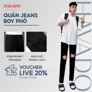  Quần jean nam HAVDOSHOP dáng skinny ống bó màu đen rách gối to chất bò co dãn 4 chiều lên form đẹp C5 mới 