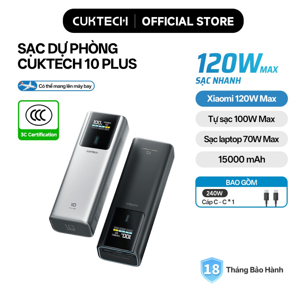 【Ưu Đãi Khai Trương】CUKTECH Sạc Nhanh 120W 15000mAh – Hỗ Trợ Xiaomi 120W Laptop70W Samsung 45W, iP 1