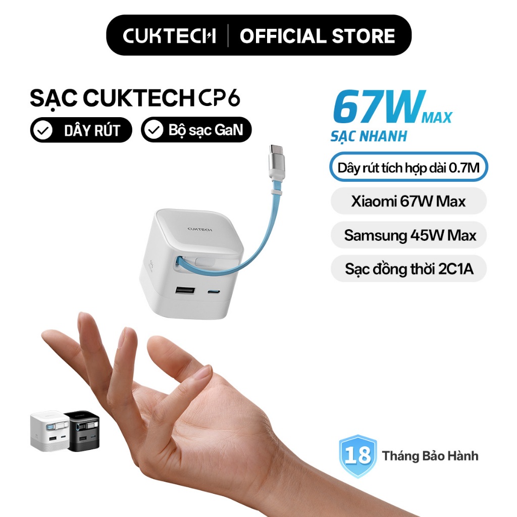 【Ưu Đãi Khai Trương】CUKTECH Sạc Nhanh GaN 65W Max kèm dây sạc rút gọn 2C1A sạc cùng lúc 3 cổng, Xiao