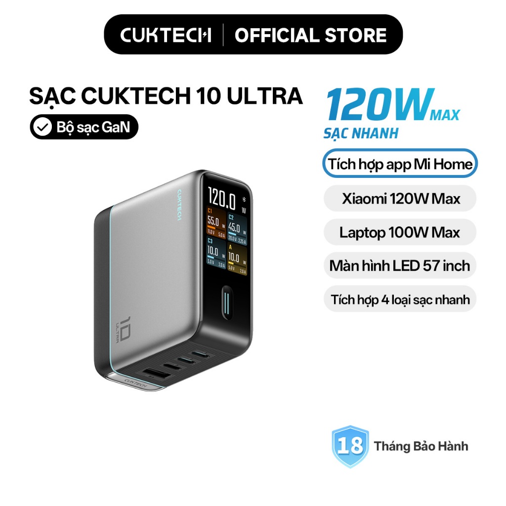 【Ưu Đãi Khai Trương】Củ Sạc CUKTECH GaN 10 Ultra có màn hình hiển thị 120W Max 3C1A bốn cổng sạc cùng