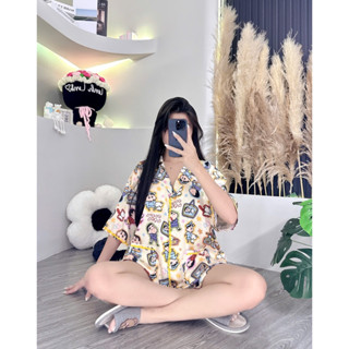  HL45 -  4SIZE 40-95kg  PIJAMA ĐÙI CỔ BẺ TAY LỠ -Form rộng- KÈM CỘT TÓC 