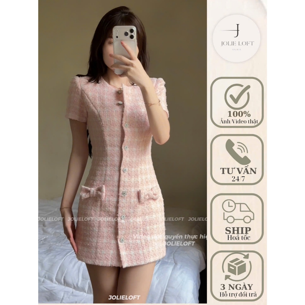 Đầm nữ thiết kế Pinky Tweed Dress JOLIE LOFT, đầm dáng ngắn sang trọng đi chơi đi tiệc